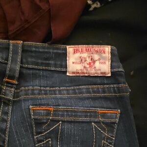 True Religion Women's Skinny Jeans — Dark Blue with Orange Stitching